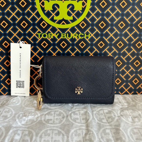 Tory Burch Emerson Flap Card Case Wallet Tory Navy Gold Blue - Picture 1 of 9